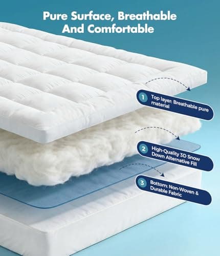 Favulo 2 Inch Mattress Topper, Plush Polyester Fiber Bed Topper for Soft Support & Pain Relief, 4 Elastic Corner Straps, White view 3
