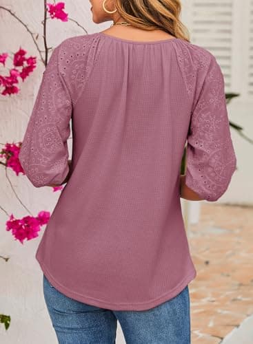 Dokotoo Women Blouses Dressy Casual Embroidered 3/4 Length Sleeve Womens Tops Tassel Tie V Neck Waffle Knit Shirts view 2