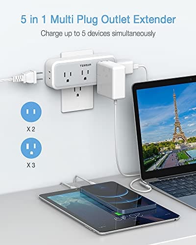 Multi Plug Outlet Extender, TESSAN Surge Protector Wall Plug Splitter with 5 Electrical Outlet Expander, Multiple Plug Adapter for Travel Home Office view 2
