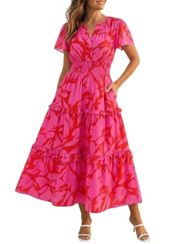 Wenrine Womens Summer Short Sleeve Maxi Dresses Casual Floral V Neck Smocked Tiered Flowy Boho Beach Sundress — image 1