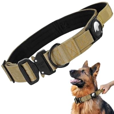 Jumpress Heavy Duty Tactical Dog Collar with Airtag Holder, 1.5’’ Wide Large Dog Collar with Comfortable Handle, Durable Airtag Dog Collar for Large Dogs (Brown,Neck 20-24’’)
