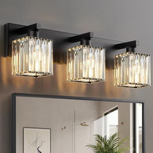 Hompixlit Bathroom Light Fixtures Matte Black 3-Light Crystal Vanity Lights | Modern Bathroom Vanity Light, Crystal Square Shades for Over Sink or Mirror, Bulbs Not Included — image 1