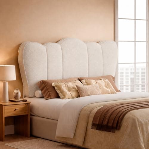 Pinmoco Queen Headboard Upholstered Beige Scalloped Padded Bed Backboard, Modern Wall Mounted Luxury Headboard for Queen Bedroom view 1