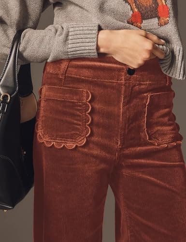 ACCPUR Women Corduroy Wide Leg Pants 2025 Fall Fashion Casual Button Down High Elastic Waist Trousers with Scalloped Pockets view 2