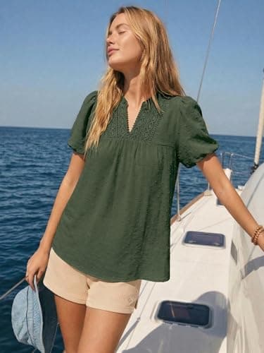 Funlingo Womens Boho Tops Summer Short Puff Sleeve V Neck Blouses Dressy Casual Flowy Swiss Dot Lace Crochet Shirts view 3