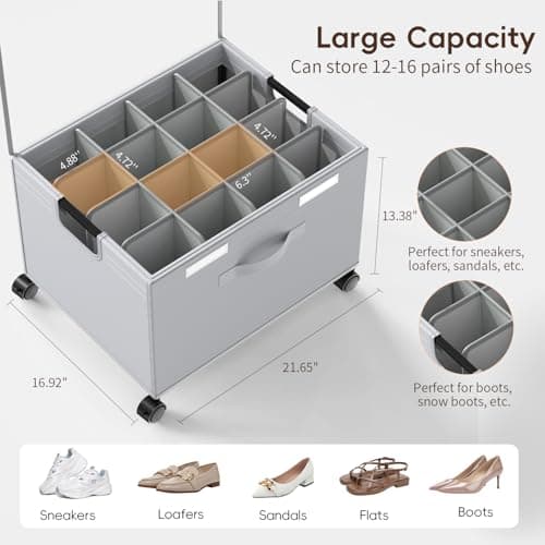 HOUSE AGAIN Shoe Organizer for Closet, Foldable Shoe Storage Organizer Box with Wheels and Adjustable Dividers, Sturdy Metal Frame Fits up to 16-32 Pairs, Large Shoes Storage with Clear Cover view 3