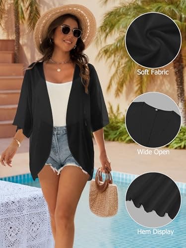 GKBK Women Floral Print Puff Sleeve Kimono Cardigan Loose Swimsuit Beach Cover Up Casual Blouse Summer Tops Capes view 4