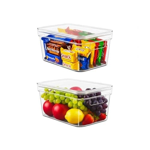 MOONEDGE Clear Plastic Storage Bins with Lids and Handles – Stackable Organizer Containers for Fridge, Kitchen, Pantry, Bathroom, Closet, Laundry Room, Office – 2 Pack (10×6×5 in)