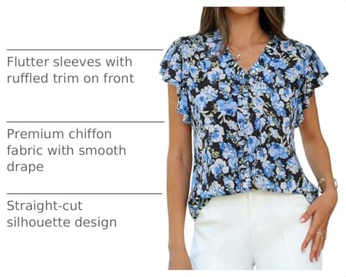 GRACE KARIN Womens Boho Tops Dressy Casual Ruffle Blouses Blue Black L | Flutter Sleeve Floral Shirts, V Neck Summer Fashion Clothes, Business Work Tops view 4