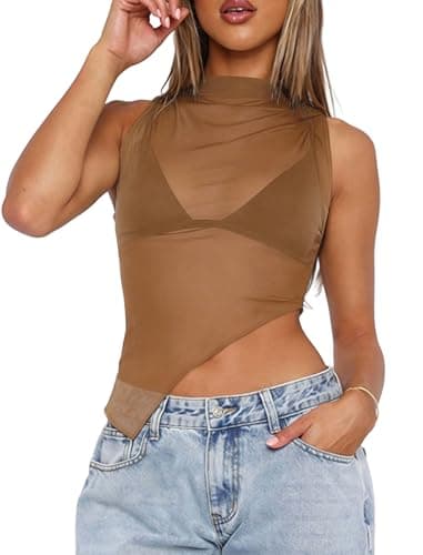Matunana Womens Sheer Mesh Tank Tops Going Out Mock Neck Sleeveless Asymmetrical See Through Lace Shirt Summer 2026 view 6