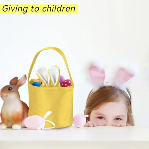 MSGBLAI Easter Bunny Gift Bags With Rabbit Ear, Basket for Easter Egg Hunts Decorations Candy Gift Storage with Handle(Yellow) view 3