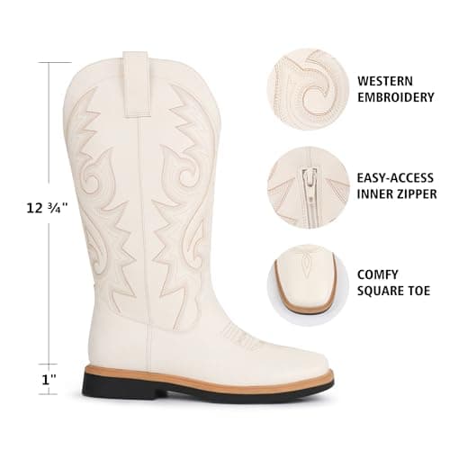 Hawkwell Women's Cowboy Cowgirl Boots Square Toe Side Zipper Embroidered Low Heel Dress Western Mid Calf Boot view 4