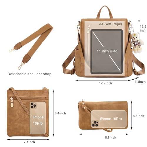 Soperwillton Women Fashion Backpack Purse Anti-Theft Leather Shoulder Bag Travel Multi Pockets Handbag Wallet Set 3pcs view 6