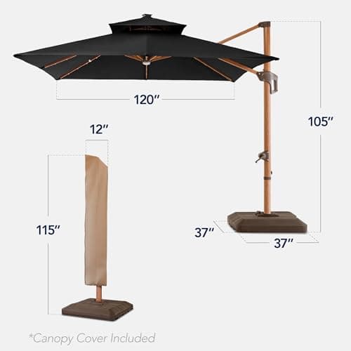 Best Choice Products 10ft Square Cantilever Patio Umbrella w/Base Included, Woodgrain Pattern Pole & Solar LED Lights, 360-Rotation, Offset Hanging Outdoor Shade - Black view 2