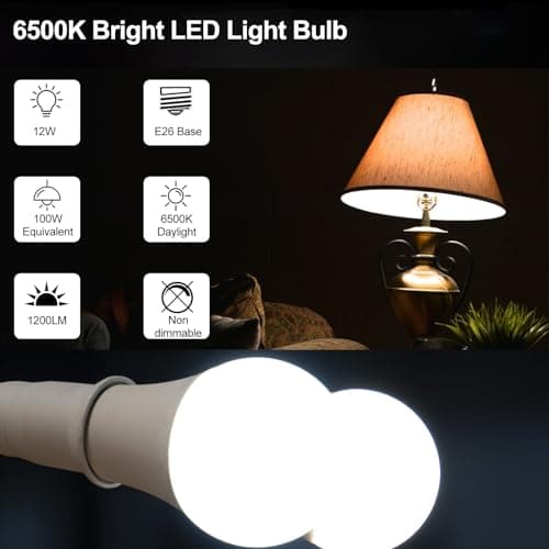 HengBo LED 100 Watts Equivalent Light Bulb, E26 6500K Daylight White LED Bulb, A19 12W Medium Screw Light Bulbs for Kitchen, Living Room Home Lighting view 3