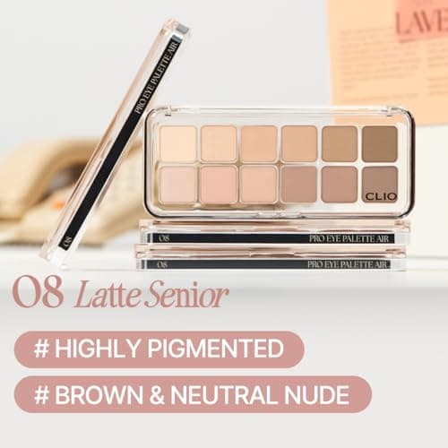 CLIO Pro Eye Palette Air, 12-Color Eye Shadow Palette, Matte Shimmer Mix, Air-Fit Blendable Pigmented Buildable Color, Low Fallout, Warm Brown Nude Neutral Tone, Daily Korean Makeup (08 LATTE SENIOR) view 2