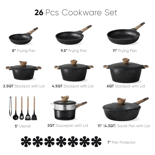 CAROTE 26PCS Pots and Pans Set Non Stick, Cookware Set Pots and Pans Induction Cook Ware, Nonstick Kitchen Cooking, PFOA Free, Black view 2