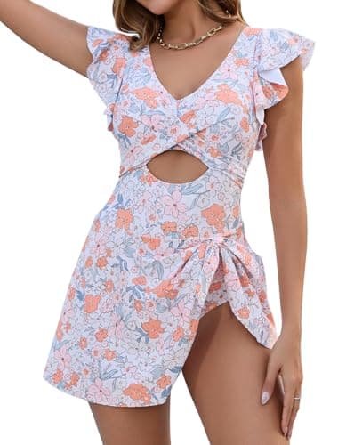 MFAVIP Women One Piece Swim Dress Tummy Control Swimsuits V Neck Ruffle Bathing Suit Cutout Sexy Wrap Side Tie with Skirt view 2