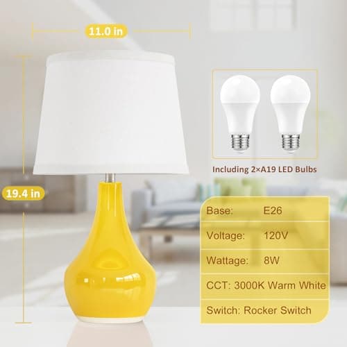 Seealle Modern Ceramic Table Lamps for Night Stands - Bedside Lamps Set of 2 for Nightstand,Yellow Bedroom Lamp for Living Room Cute Desk End Table Office Guest Room Dresser Rocker Swtich view 5