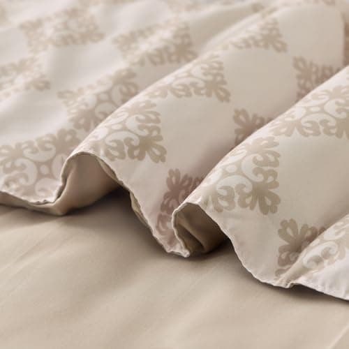 WONGS BEDDING Beige Comforter Set Queen, 7 Pieces Bed in a Bag Floral Geometric Patchwork Soft Microfiber Comforter Bedding Set with Comforter, Flat Sheet, Fitted Sheet, Pillow Shams,Pillowcases view 5