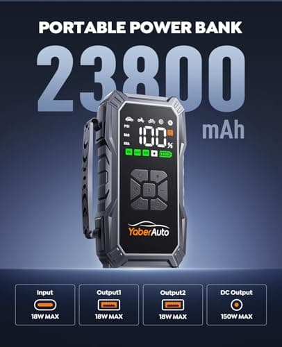 YaberAuto 10-in-1 Jump Starter with Air Compressor 6000A 150PSI Car Battery Jump Starter (All Gas/10L Diesel) 12V Jump Box Car Battery Jumper Starter Portable Jumper Cables, 150W DC, Gloves, Lights view 4