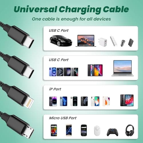 Travel Vacation Essentials USB C Multi Charging Cable, 2Pack 4FT Nylon 3-in-1 Charging Cord for Multiple Devices with Type C/Micro/IP Port, Universal Charger Cable for Cell Phone, Galaxy 25, iPad view 4
