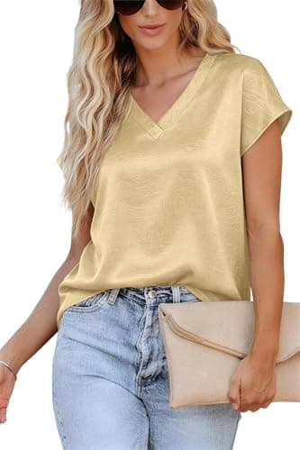 RUMIA Short Sleeve Satin Blouses Tops for Women- Ladies V Neck Blouse Shirt Dressy Casual Bussiness Work Outfit view 3