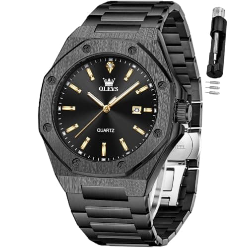 OLEVS Black Watches for Men Easy to Read Luxury Dress Moon Phase Large Stainless Steel Waterproof Luminous Business Day Man Wrist Watch