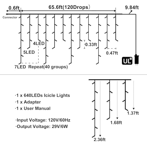 Nielfoi Warm White Christmas Lights Outdoor, 66ft 640 LED Icicle Lights for Outside House with Connectable Clear Wire 8 Modes Timer, Plug in Waterproof for Eaves Yard Party Indoor Holiday Decoration view 2