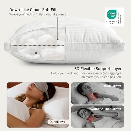 Bedsure Queen Size Bed Pillows Set of 2 - Hotel Quality Gusseted Down Alternative Pillow, 100% Cotton Cover PureWoven 300TC, Dual Chamber Fluffy Support Suitable for All Sleeping Positions view 2