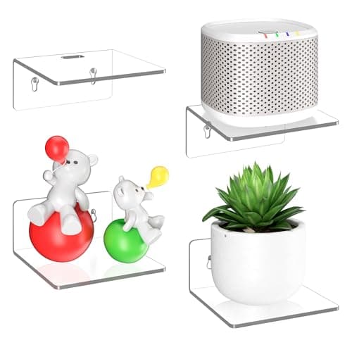LMHOME 4 Pack Small Wall Shelf - 4" Floating Shelves for Wall Display Ledges for Funko Pop Figures, Plants, Speakers, Durable Plastic Adhesive or Screw Shelves in Bedroom Kitchen Living Room, Clear view 1
