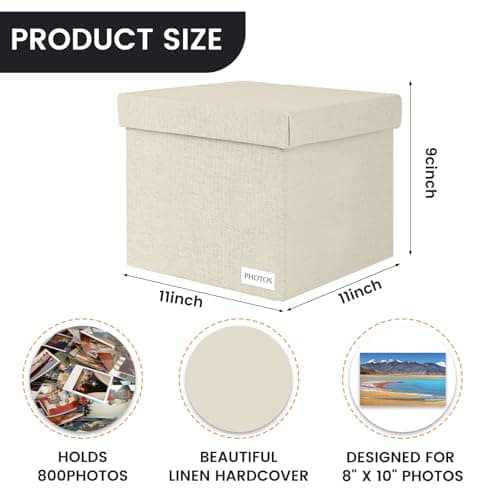 Himake Decorative Photo Storage Box - Linen Photo Box Organizers with Dividers, Fits Holds Up to 800 Photos in 8x10 inch Size, Portable Scrapbook Storage Containers with Lid (Beige) view 3