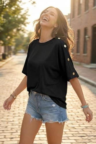 Dokotoo Women's Short Sleeve Tops Crew Neck Button Casual Summer Oversized T Shirts Blouses view 5