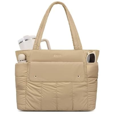 Eslcorri Large Puffer Tote Bag for Women, 21L Quilted Carry-On Purse with Luggage Sleeve, Padded Work Handbag for Travel, Gym