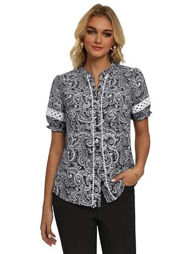 GRACE KARIN Women Boho Floral Tops, Summer Short Eyelet Sleeve Dressy Casual Shirts, Spring Button Down Blouse 2026 Trendy view 4