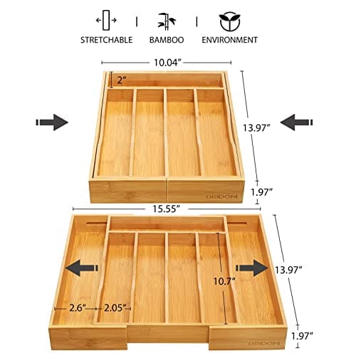 oridom Expandable Bamboo Kitchen Drawer Organizer for Cutlery and Utensils, Adjustable Bamboo Wood Cutlery Tray in Drawer for Flatware and Silverware in Kitchen, (Natural) view 3