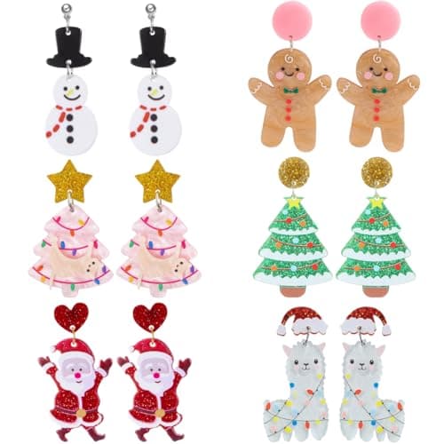 6 Pairs Christmas Earrings for Women, Atarvana Bulk Acrylic Earrings Jewelry Gifts for Women- Santa, Snowman, Reindeer, Gingerbread Man, Sheeps — image 1