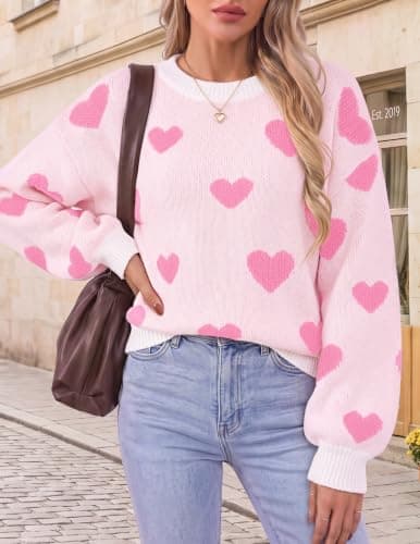 Womens Cute Heart Print Sweaters Fall Oversized Long Sleeve Pullover Tops view 5