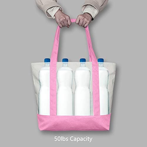 TOPDesign 1-Pack Canvas Tote Bag with an External Pocket, Reusable Grocery Shopping Bag, Top Zipper Closure, Daily Essentials (Pink/Natural) view 6
