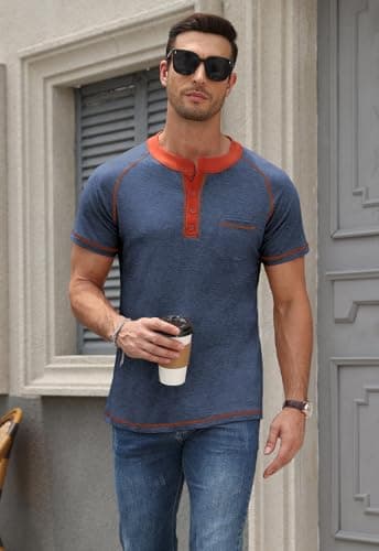 KUYIGO Mens Henley Short Sleeve T Shirt Casual Button Basic Tee Shirts Summer with Pocket view 4