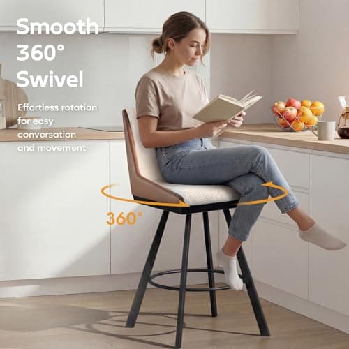 Ollega Bar Stools Set of 4, 26" Counter Height Bar Stools, Upholstered Swivel Barstools with Backs, Loop Yarn Fabric&Pu Leather, Metal Legs for Kitchen Island, Beige&Brown view 6
