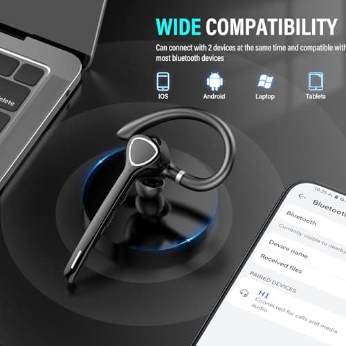 Bluetooth Headset, Single-Ear ENC Mic, Mute Button, 90H Hands-Free Earpiece | APTX HD Audio, Dual Device Connectivity, Lightweight All-Day Comfort, Noise Cancelling Mic, Ideal for Truckers & Office view 3