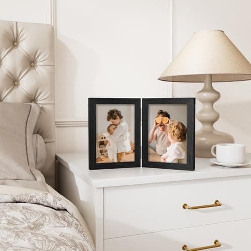 Vittanly 5x7 Double Picture Frame, Hinged 2 Opening MDF Photo Frames with Plexiglass, Vertical Tabletop Stand, Black view 4