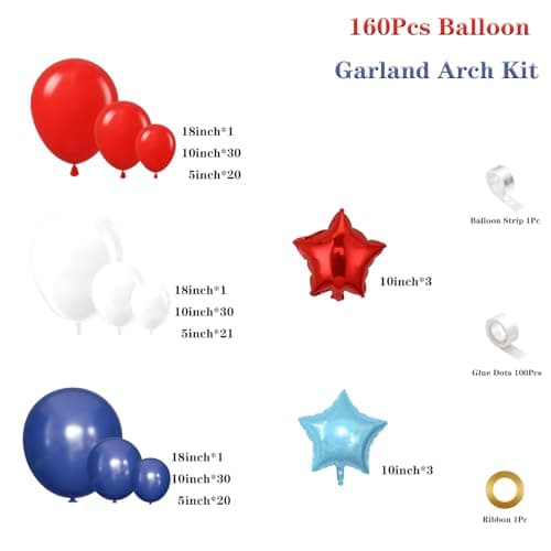 Red White Blue Balloon Garland Arch Kit 160Pcs Red White Blue Latex Balloons with Star Foil Balloons for 4th of July Nautical Patriotic Baseball Birthday Party Decorations view 2