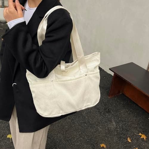 mcuvaec Corduroy Tote Bag for Women, Foldable Tote Bag With Zipper, Large Shoulder Bag, Purses and Handbags for Work Travel view 2