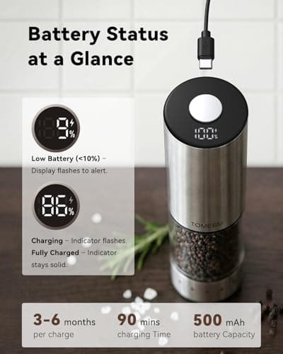 TOMEEM Rechargeable Electric Salt and Pepper Grinder Set, Battery Display | 115ml Large Capacity Stainless Steel Automatic Pepper Mill with Black Storage Base, LED Light with 5 Adjustable Coarseness view 2