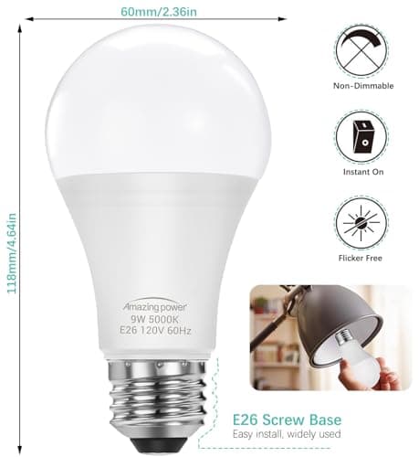 Amazing power E26 LED Bulbs, 60W Equivalent Medium Base Light Bulbs, 9W LED Bulbs, Daylight White 5000K 4-Pack view 2