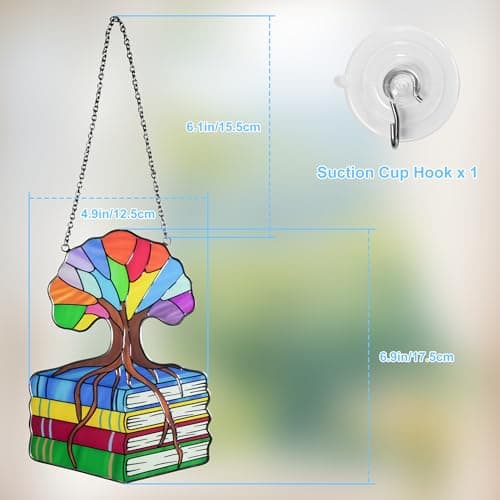 AQGQTQ Stained Glass Window Hanging, Colorful Book Tree of Life Sun Catchers, Book Lover Gifts for Women, Suncatcher Hanging Literary Decor for Birthday for Women, Men, Wife, Aunt, Mom view 3