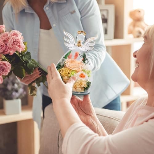 Gifts for Mom Mothers Day Birthday Gifts for Women Preserved Rose Forever Flower in Glass Angel Figurines Fresh Flowers for Delivery Anniversary Real Colorful Roses for Grandma Her Wife from Daughter view 2