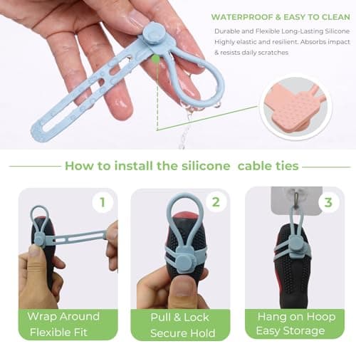 6 PCS Silicone Cable Ties - Reusable Cord Organizer with Hanging Loop, Adjustable Organizer Straps for Cords, Tools, Charger Cable, Kitchen Accessories, Home Office view 6